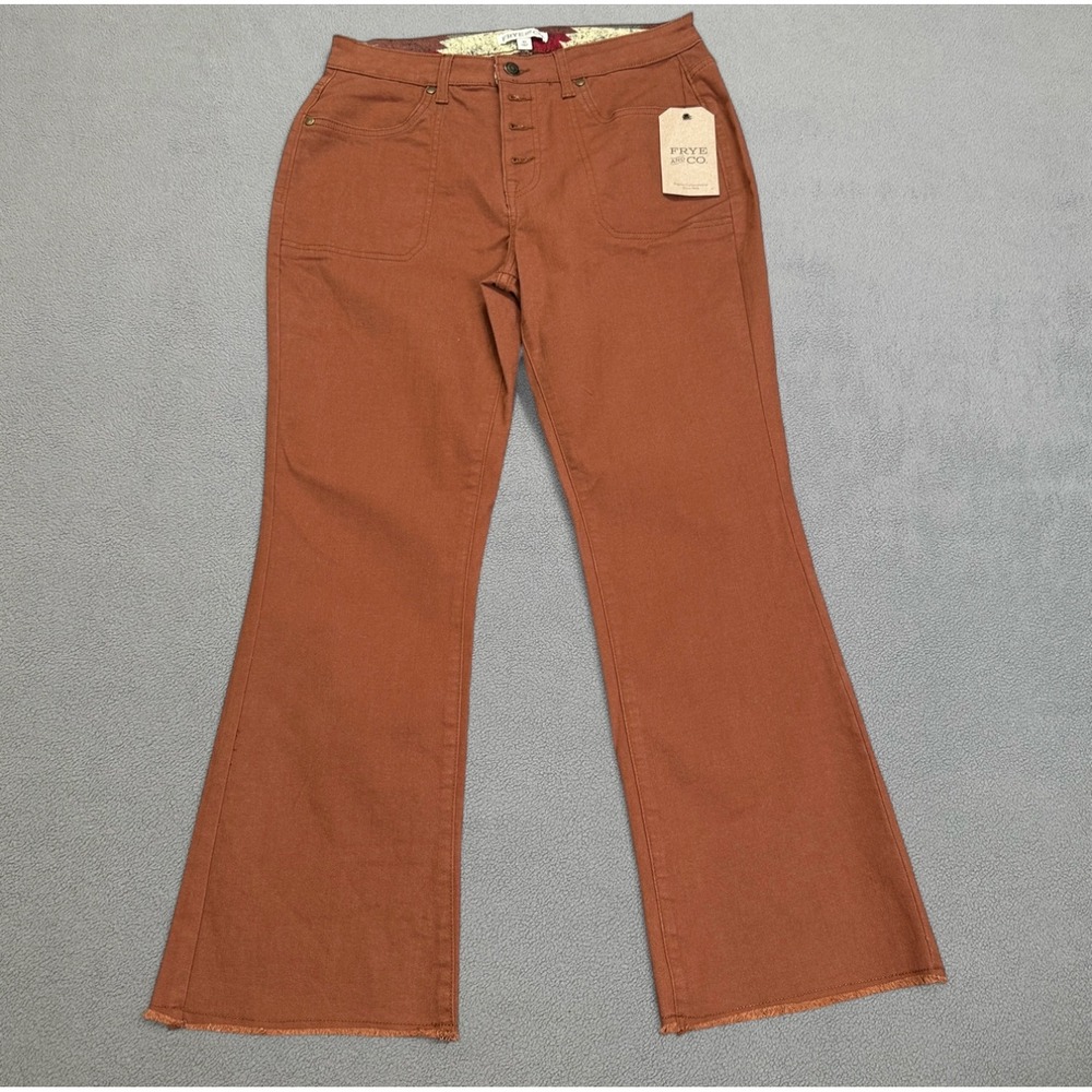 NWT Frye and Co. Jeans Womens 10 Cognac High Rise Wash Bell Bottom Raw Hem